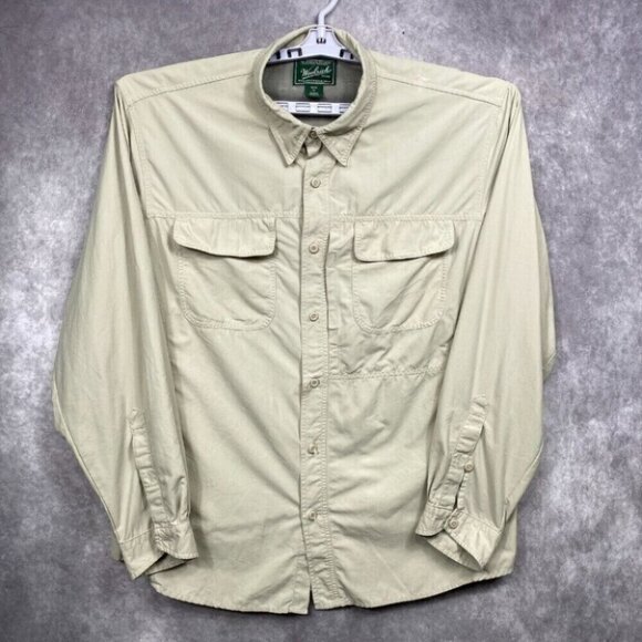 WOOLRICH Shirt Mens XL Beige Button Up Zip Pockets Hiking Outdoors Utility Fish - Picture 1 of 15